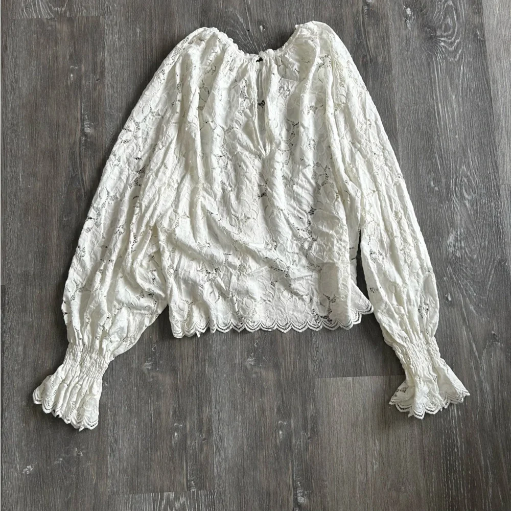 Free People Tea Time Cropped Balloon Sleeve White Top Size Medium